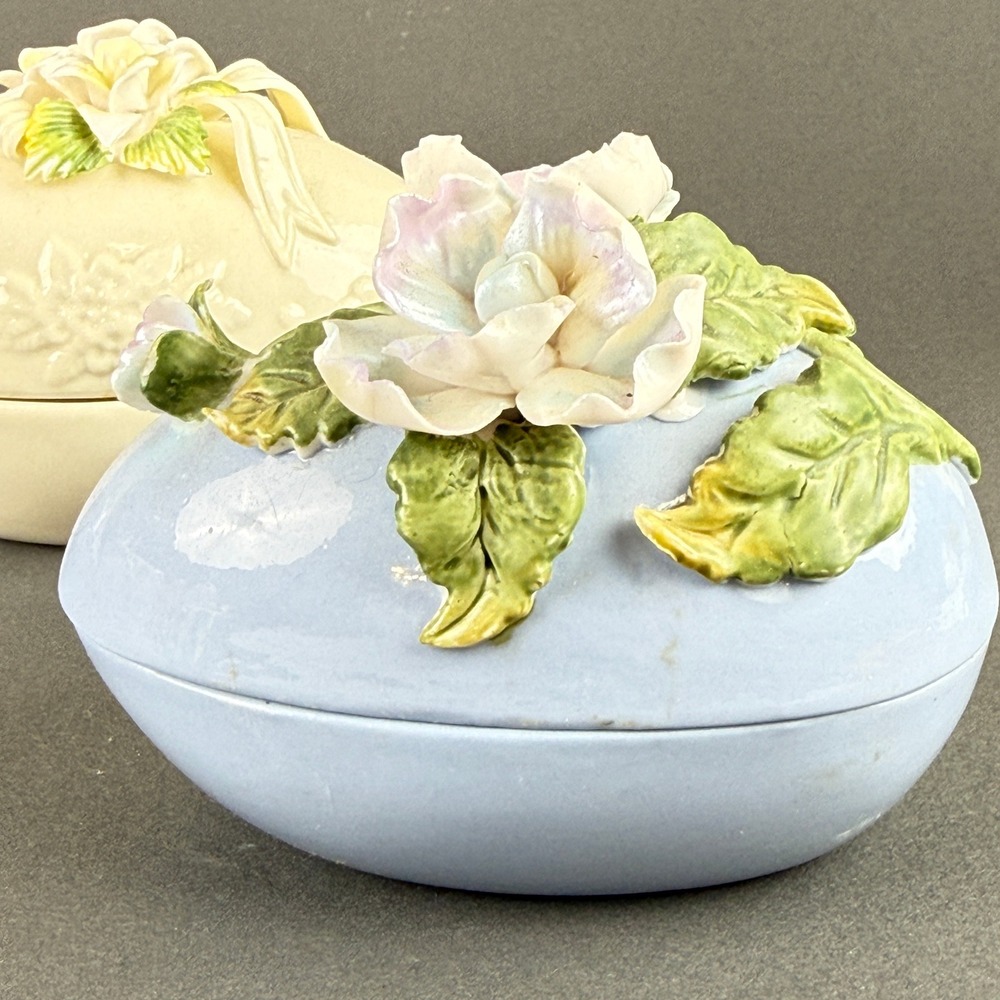 Ceramic Easter Egg 4" Trinket Box Set of 4 Blue Cream Floral Decor - Picture 14 of 16